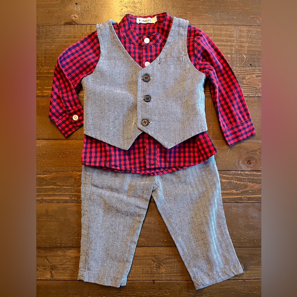 Kimocat Baby Boy Dress Pants with Long Sleeve Plaid Dress Shirt and Vest